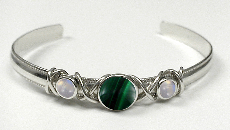 Sterling Silver Hand Made Cuff Bracelet With Malachite And Rainbow Moonstone